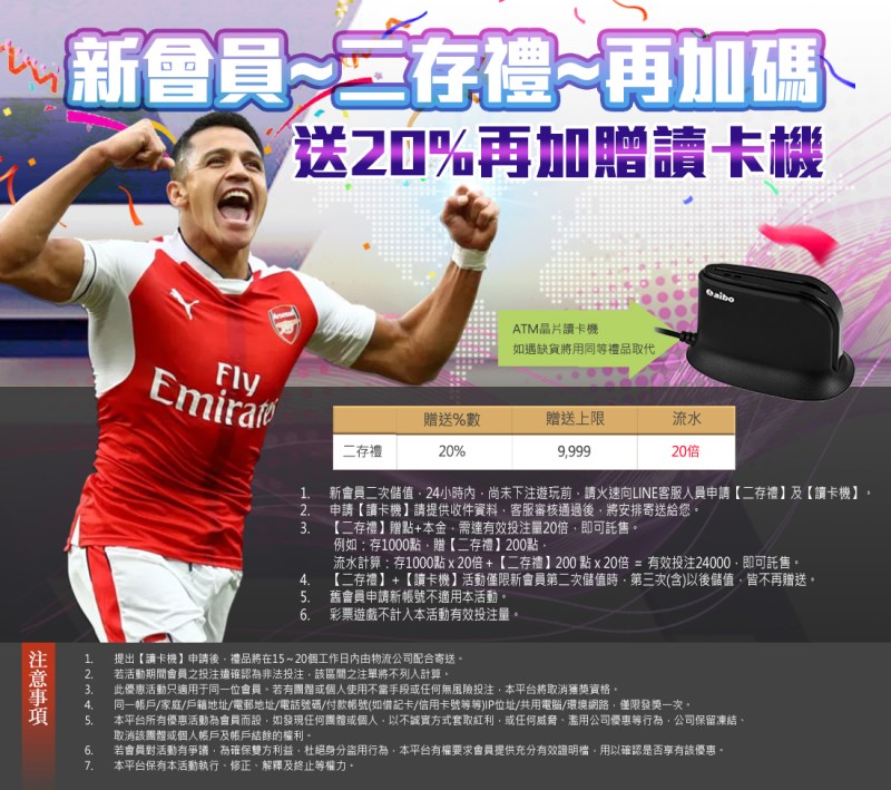 3A娛樂城-新會員二存禮再加碼送20%再加贈讀卡機 內文